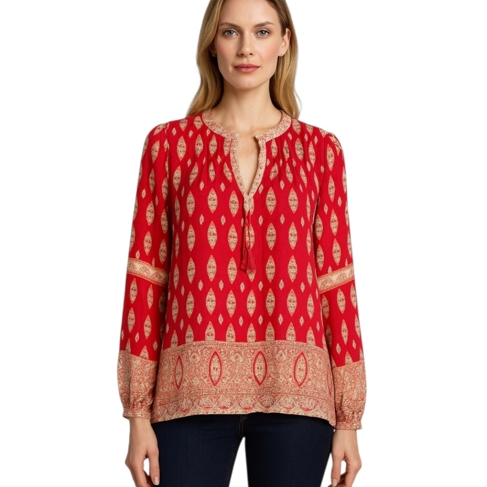 Red Printed Peasant Blouse - Women Tops